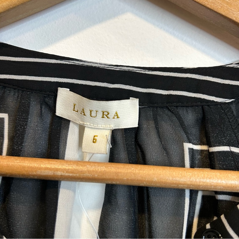 Laura Mixed Stripe Button-Down Sheer Blouse Black and White Pattern - Picture 9 of 13